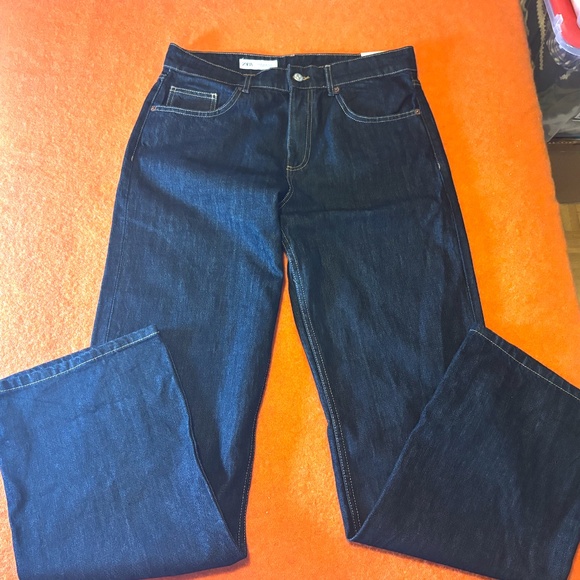 Zara dark wash mid-rise wide leg full length jeans NWT - Picture 3 of 10